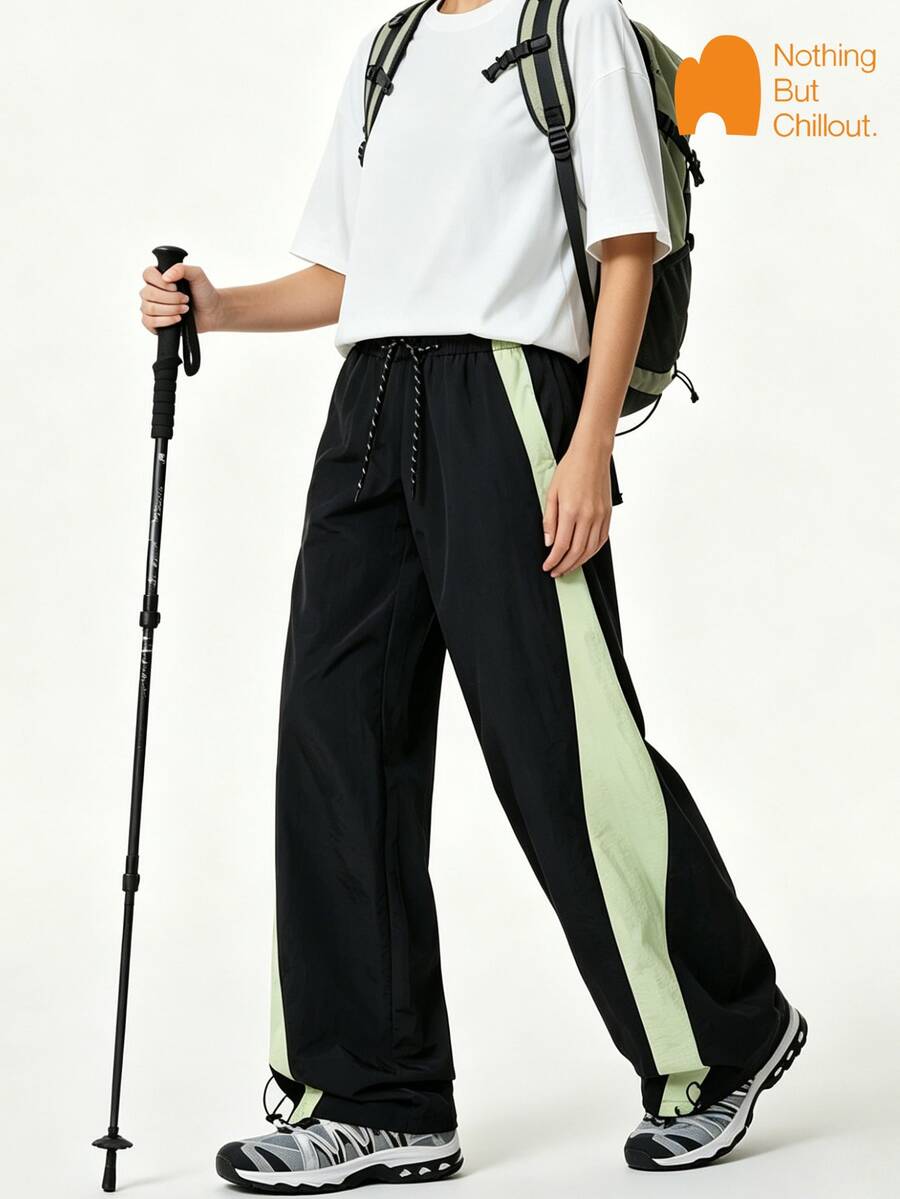 NBCT Women's Colorblock Side Stripe Hiking Pants, Elastic Drawstring Waist Long Pants, Outdoor Hiking Climbing Commuting Casual Multi-Scenario Wear - Black - View 1
