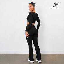Plain Zero-Transparency Polyamide Flare Long Sleeve Fitness Gym Set - Black - View 4