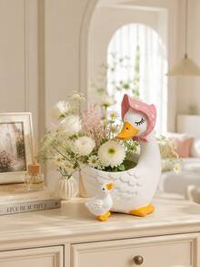 害羞媽媽小鴨樹脂多肉植物盆栽，粉色帽子卡通動物花盆，小型仙人掌植物容器，適用於窗台、臥室書桌、陽台、花園裝飾，可愛室內家居桌面擺飾，客廳裝飾，禮物，派對裝飾 - 害羞款 - 查看 9