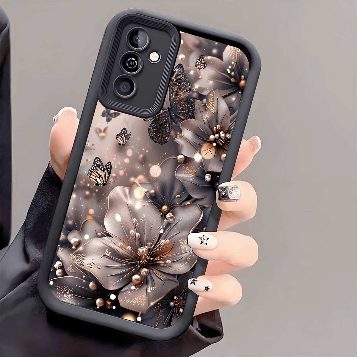 頂級創意珍珠花蝴蝶防摔手機殼,加厚防滑保護套,適用於 iPhone 17/17 Air/17 Pro/17 Pro Max、Honor、Galaxy - 黑色 - 查看 1