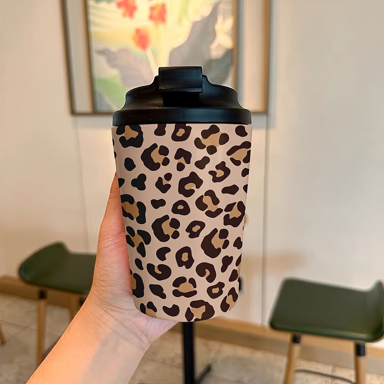 1pc/5pcs 12oz Double Wall Stainless Steel Insulated Coffee Mug, Boyfriend Gift Compact Portable Yellow Leopard Print Heat-Insulated Coffee Cup With Leak-Proof Lid, Water Cup, Suitable For School Home Outdoor, Halloween Birthday Gift For Girlfriend Wild Girlfriend Romantic Vibe Love Photography Siste