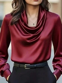女款秋冬高端酒紅緞面垂領長袖襯衫，垂墜光滑亮澤面料，時尚優雅通勤穿搭，休閒日常穿著 - 酒紅色 - 查看 3