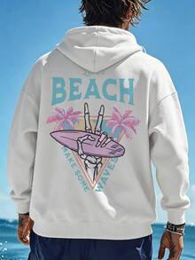 American Beach Surfing Oversized Hoodie, Fun Skull Peace Sign Surfboard Design, Men's Drop Shoulder Pullover - White - View 3