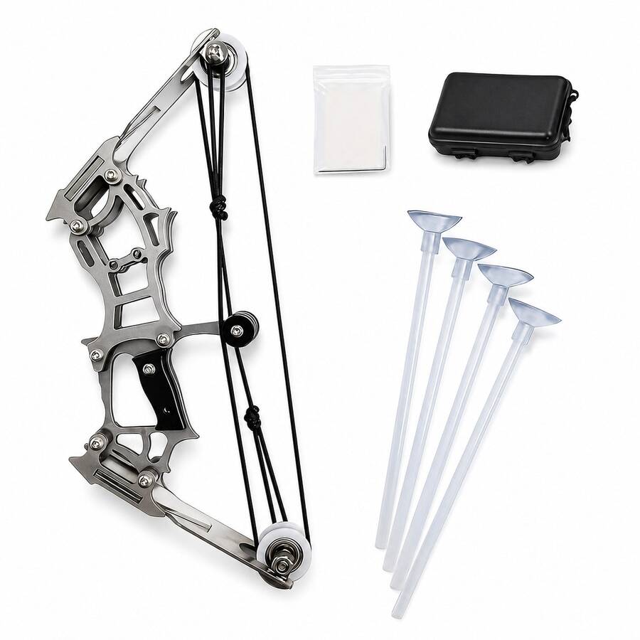 Set de arco compuesto mini con flechas de ventosa, kit portátil de práctica de tiro con diana de acero inoxidable - Incluye caja + 4 flechas - Ver 1