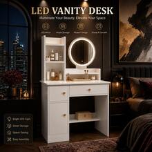 White LED Vanity Desk With Round Lighted Mirror, Makeup Vanity Table With Open Storage Shelves, Wide Drawer, Side Cabinet, Bottom Shelf, Modern Dressing Table Organizer For Bedroom, Apartment, Dorm Room, Small Spaces - 白色 - 查看 1