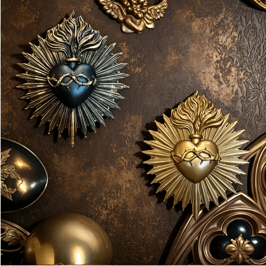 1 pieza Decoración de pared de Corazón Sagrado gótico - Radiante dorado, decoración religiosa para el hogar, adorno colgante católico adecuado para iglesia, sala de estar, Navidad, Pascua, Halloween, boda - Exquisito regalo de decoración de iglesia, diseño y artesanía fina, opción perfecta para Acción de Gracias
