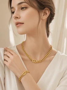 2 piezas/1 pieza Collar y pulsera de cadena de acero inoxidable para mujeres, minimalista elegante de alta gama neutral para fiestas & decorativo para vacaciones - Amarillo Oro - Ver 3
