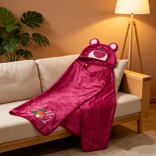 Miniso 系列卡通草莓熊毛絨睡衣套裝，可愛連帽居家服，春秋空調毯披肩，加厚保暖午睡毯禮物 - 玫瑰紅 - 查看 6