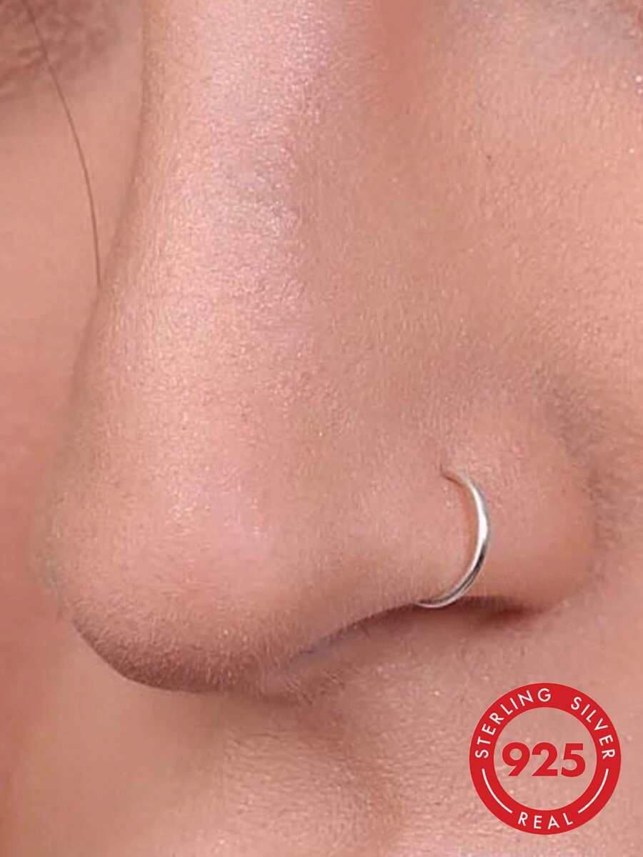 1 chiếc khuyên mũi giả hình chữ D bằng bạc sterling 925 mới bán chạy, cỡ 18G, kiểu dáng thời trang không cần xỏ lỗ. - Bạc - Xem 1