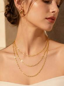 1pc Gold Tone Paperclip Chain Layered Necklace, Minimalist Stackable Link Chain Necklace Set For Women Daily Jewelry - Yellow Gold - View 2