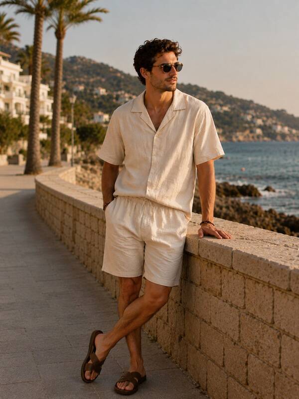 Men's Summer Solid Color Short Sleeve Casual Shirt And Tie Waist Shorts, 2 Pieces/Set Casual Outfits