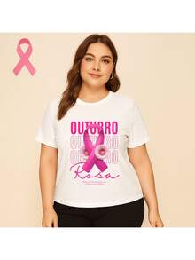 Camiseta Plus Size Outubro Rosa Prevenção ao Câncer de Mama Blusa Campanha Mulher Blusa Confortável - Branco - Visão 4