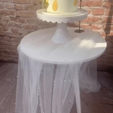 1pc White Faux Pearl Tulle Table Runner, Semi-Transparent Polyester Fabric, Pearl Mesh Cake Dessert Tablecloth, Solid Color Design, Suitable For Wedding, Bridal Shower, Birthday, Holiday And Home Party Table Decor - White 1PC - View 12