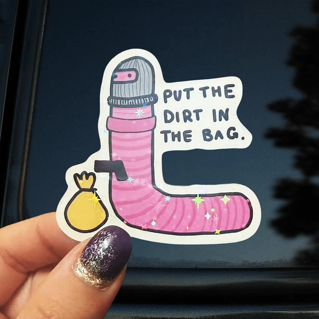 PUT THE DIRT IN THE BAG Funny Sticker, Quirky Cartoon Decorative Sticker, Waterproof Vinyl Sticker - Durable Matte Surface, Self-Adhesive Bumper Sticker, Suitable For Cars, Windows, Laptops, Trucks, Water Bottles - Versatile Durable Design, Car Sticker - Vinyl - View 1