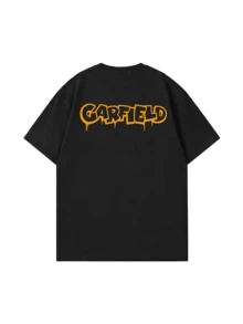SHEIN | Garfield 女款黑色雙面T恤，滴線卡通貓輪廓與塗鴉字母印花，寬鬆短袖，適合街頭、旅行、女孩日常休閒穿著 - 黑色 - 查看 5