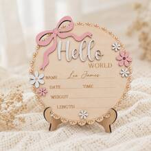1pc "Hello World" Wooden Baby Birth Announcement Plaque, Pink Floral Newborn Name Date Time Weight Length Board, Baby Girl Nursery Decor Photo Prop, Welcoming Party Decoration & Keepsake - Pink - View 2