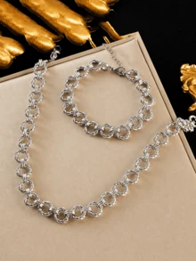 1pc/2pcs Fashionable Personalized Stainless Steel Geometric Round Design Necklace And Bracelet Set, Suitable For Women's Gift And Daily Wear - Style 1 - View 4