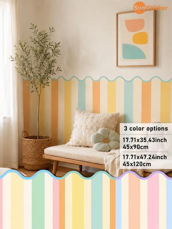 SUPSTICKER 1Sheet Pastel Wavy Stripe Vinyl Wall Stickers Peel & Stick Removable 17.72*35.43/47.24in For Indoor DIY Home Decor