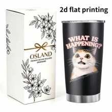 1pc/5pcs 20oz Surprised Cat Gift Insulated Coffee Mug, Funny Text Cartoon Cat Print Vacuum Insulated Travel Cup, Suitable For Cat Lovers, Daily Holiday Gift, Funny Birthday Gift For Boyfriend/Girlfriend, Iced Coffee, Juice, Oatmeal - Black - What Happened? - View 2