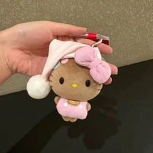1pc Plush Keychain, Cute Caramel Color KT Cat Sleeping Hat Bag Pendant With Pink Bow, Soft Mini Plush Charm, Gift For Girls - Multicolor - View 1