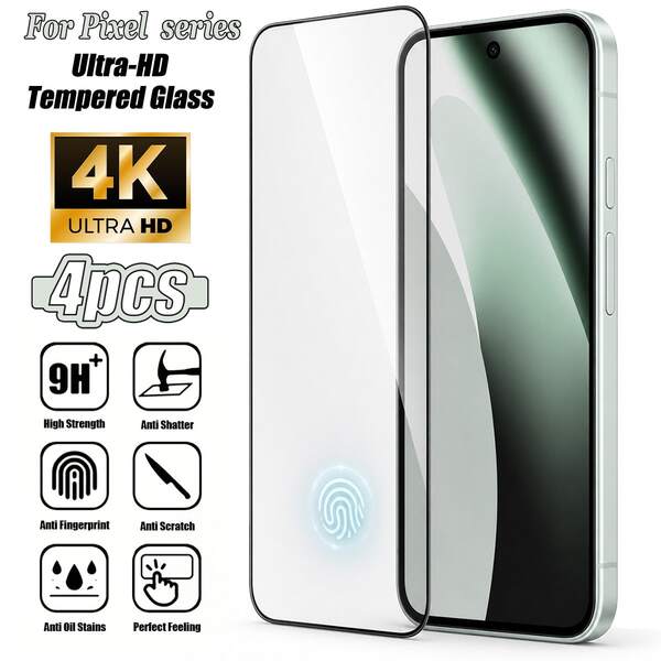 CASECOPS 4 stuks Ultra HD schermbeschermglas, vingerafdruk ontgrendelbaar! Voor Pixel 11 Pro XL/11 Pro/11, 10a/10 Pro XL/10 Pro/10, 9a/9 Pro XL/9Pro/9. 9H hardheid gehard glas, ondersteunt vingerafdruk ontgrendeling! Ultra-helder, hoge lichtdoorlatendheid. Anti-olie vlekken, anti-krassen, anti-vingerafdruk, anti-stof bescherming. Zijdezacht aan te raken, met extreem snelle tactiele feedback. Volledige dekking, zonder bellen.