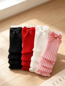 4 Pairs Girls Satin Big Bow Ribbed Ruffle Leg Warmers, Elastic Knit Leg Covers, Soft Skin-Friendly Princess Dress Accessories, Versatile Daily Holiday Party Baby Decorative Leg Warmers - Multicolor - View 5