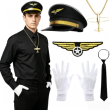 節日派對服裝－飛行員制服配件套裝－航空飛行員機長服裝套裝，包含帽子、領帶、手套、徽章、項鍊 - 彩色 - 查看 1