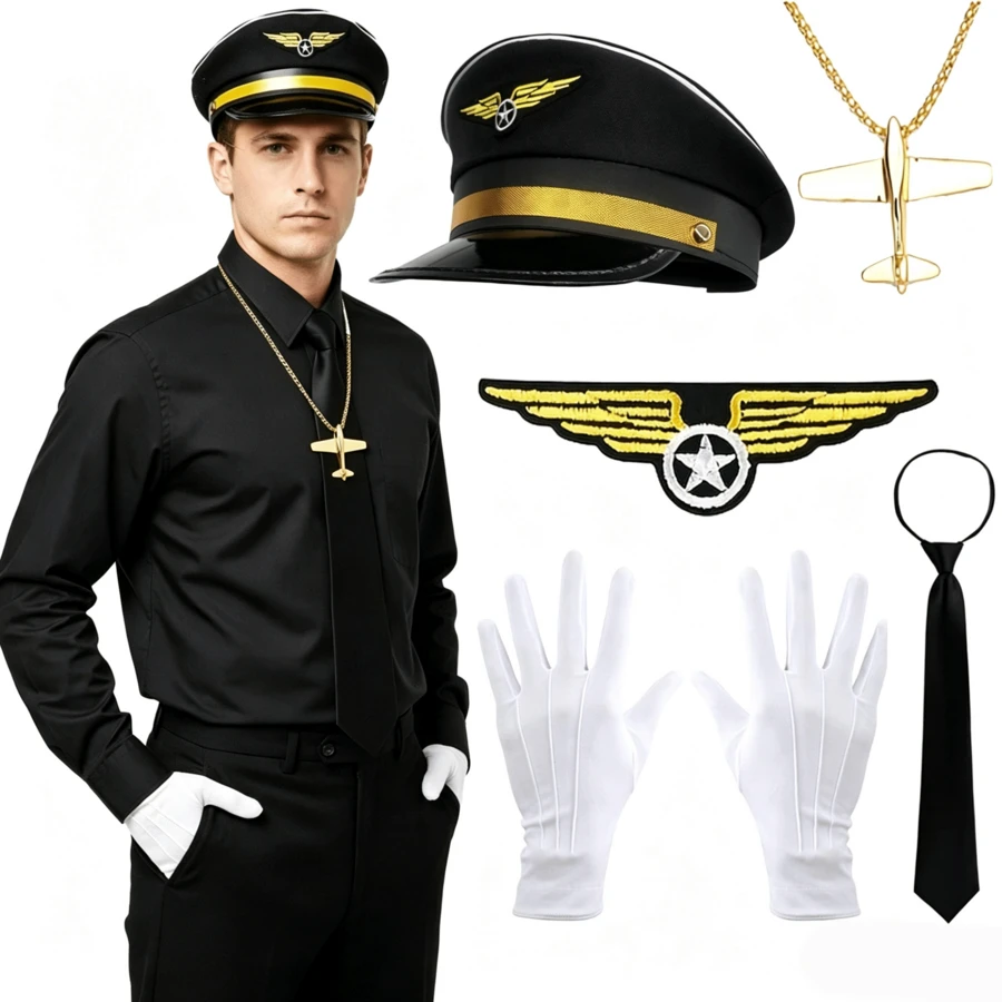 節日派對服裝-飛行員制服配件套裝-航空飛行員機長服裝套裝,包含帽子、領帶、手套、徽章、項鍊 - 彩色 - 查看 1