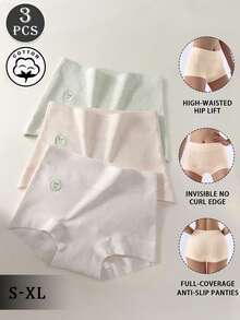 3pcs/Pack Seamless Skin-Friendly Comfy Cotton High Waist Lifting Women's Panties, Simple Solid Color & Striped Design, Extended Crotch, Briefs - Multicolor - View 14