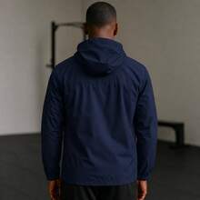Men's Waterproof Windbreaker With Removable Hood Black Sports Jacket For Gym Or Running - 藏蓝色 - 查看 2