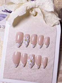 10pcs Handmade Almond-Shaped Gold Line Magic Mirror Powder 3D Flower Minimalist Fashion Detachable Wearable High-End Fake Nails - Multicolor - View 1