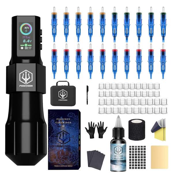 POSEIDON LED Color Screen Tattoo Pen Set, Wireless Tattoo Machine Gun Kit With 20 Tattoo Needle Cartridges, Tattoo Ink And Tattoo Supplies, Suitable For Tattoo Artists