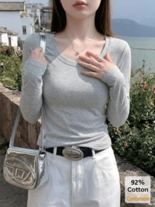 秋季純棉長袖T恤，女款百搭灰色花卉上衣，修身純色內搭底衫 - 花灰色 - 查看 3