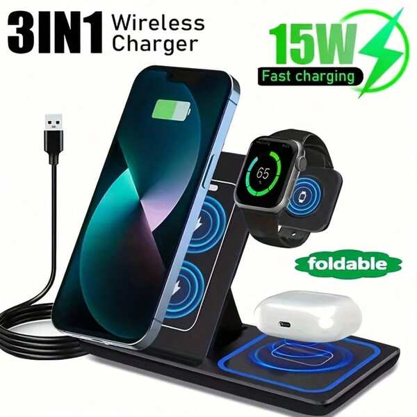 Multi-Device Fast Charging Dock - 15W 3-In-1 Wireless Charging Stand, Compatible With IPhone 17/16/15/14/13/12/11/Pro/Max/XS/XR/X/8/Plus, Compatible With 11/10/9/8/7/6/5/4/3/2/SE/Ultra, Compatible With Pro2/Pro/4/3/2/1