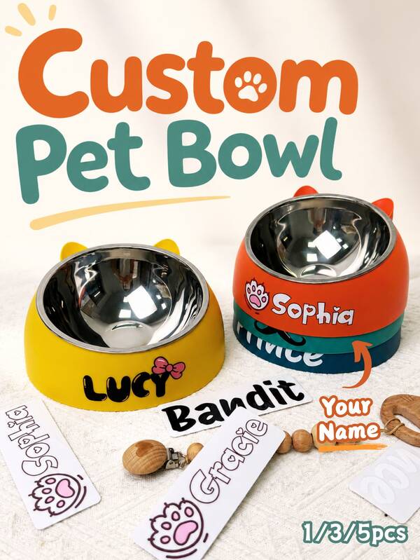 1/3/5 Pieces Personalized Cute Double Layer Stainless Steel Round Pet Bowl, Customizable Text And Icon, Removable Design, Suitable For Cats And Dogs, Great Gift For Pet Lovers, Suitable For Small Pets Year-Round Indoor/Outdoor Use