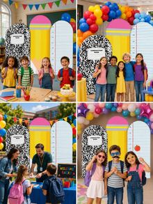 3pcs-Back To School Season Decorative Arch-Shaped Polyester Backdrop Cover, Notebook Paper Pencil Pattern Composition Round Top Background Cover, First Day Of School Classroom Decoration, Suitable For Back To School Classroom Student Portrait Photography, Back To School Party Decoration - Multicolor - View 2