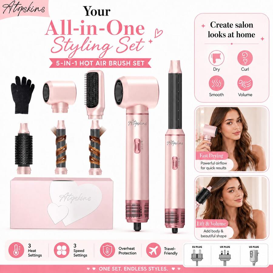 Extra Powerful 5-In-1 Hair Dryer Multi-Function Salon-Grade Styling Tool Set | 5 Detachable Interchangeable Heads + 3 Precise Temperature Settings | Auto-Curl And Multiple Styling Options (Curl/Wave/Straight/Smooth/Volumize/Inward Curl/Outward Curl) | No Frizz Static Long-Lasting Style, Suitable For All Hair Types (Fine/Coarse/Curly/Straight) Perfect For Gifts And Home/Travel Use, Multi-Scenario, Suitable For Fine/Coarse/Soft Hair Types