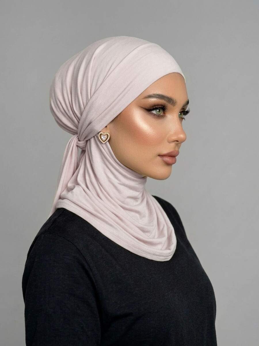 1pc Women's Solid Color Balaclava Hat With Back Tie, Base Layer Headscarf Neck Warmer, Elastic Cap With 3 Different Wearing Methods, Multifunctional Hijab Caps, Turban, Breathable Comfortable Elastic Wide Brim Sweat-Absorbing Non-Slip Sports Headscarf Cap, Suitable For Daily Life, Sports, Yoga, Fitness And Fashion Styling - Gray Beige - View 1