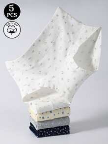 5 chiếc/gói Quần lót nữ bằng cotton, họa tiết hoa, nơ, thiết kế dễ thương, cạp trung, che phủ toàn diện, không đường may - Nhiều màu - Xem 5