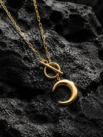 1 buah Kalung Liontin Bulan Sabit Tanduk Minyak Melengkung Berlapis Emas 18K Stainless Steel dengan Gesper QT, Perhiasan Wanita Minimalis Gaya Bohemian yang Dipersonalisasi