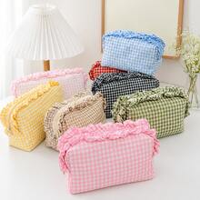 Personalized Gingham Cosmetic Bag, Ruffle Trim Makeup Pouch, Custom Name Toiletry Organizer, Small Travel Storage Bag, Coin Purse, Cute Gift - Multicolor - View 8