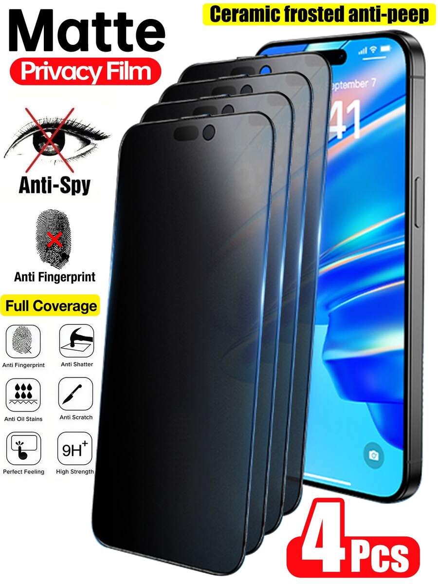 Yezodawee 4pcs Matte Anti-Peeping Ceramic Screen Protector, Compatible With Phone 17 Pro [6.3 Inch], Flexible Matte Anti-Peeping Ceramic Film, Full Coverage, Anti-Fingerprint, Anti-Drop, Anti-Glare, Compatible With Phone 17 Pro Max/17 Air/17/16E/16 Pro - Black - View 1