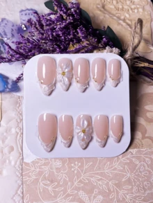 10pcs Handmade Almond-Shaped Gold Line Magic Mirror Powder 3D Flower Minimalist Fashion Detachable Wearable High-End Fake Nails - Multicolor - View 3