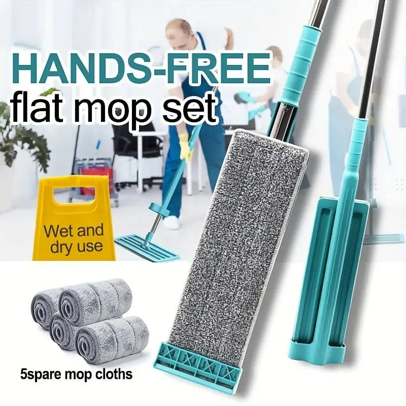 1 Set Hands-Free Flat Mop, Equipped With 5 Reusable Mop Pads, 360° Rotating Head, Dry And Wet Use, Suitable For Living Room, Bathroom, Kitchen Tile And Wood Floor Dusting Mop, Cleaning Tool, Back To School Supplies, Dusting Tool