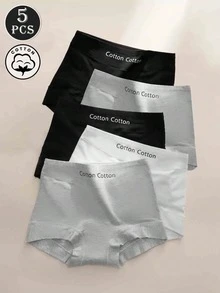 5pcs/Pack Minimalist Solid Color High Waist Women's Panties With Letter Print, Comfortable Sports Bodycon Tummy Control Butt-Lifting Boxer Briefs, Multi-Color - Multicolor - View 14