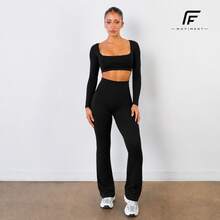Plain Zero-Transparency Polyamide Flare Long Sleeve Fitness Gym Set - Black - View 6