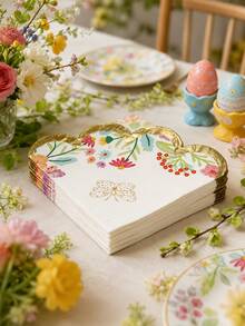 20pcs Elegant Gold Embossed Floral Butterfly Napkins, Scalloped Edge, Disposable, Suitable For Birthday Party, Spring Tea Party Decoration, Shower Party, Wedding, Bridal Shower, Paper Table Setting - Paper Napkin - View 2