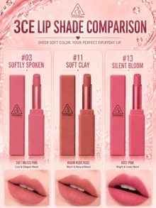 Lipstik 3CE #SILENT BLOOM 13 2g, dengan tekstur beludru lembut, halus dan tidak membuat kering, sangat berpigmen dan dapat dilapisi, tahan lama dan tidak mudah luntur, cocok untuk warna kulit hangat maupun dingin. - #SILENT BLOOM 13 - View 4