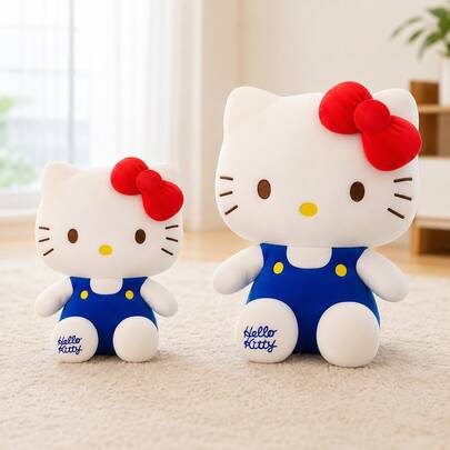 1件裝 25/35cm 可愛KT貓毛絨娃娃，紅色蝴蝶結搭配藍色吊帶褲，柔軟抱枕，生日禮物與房間裝飾