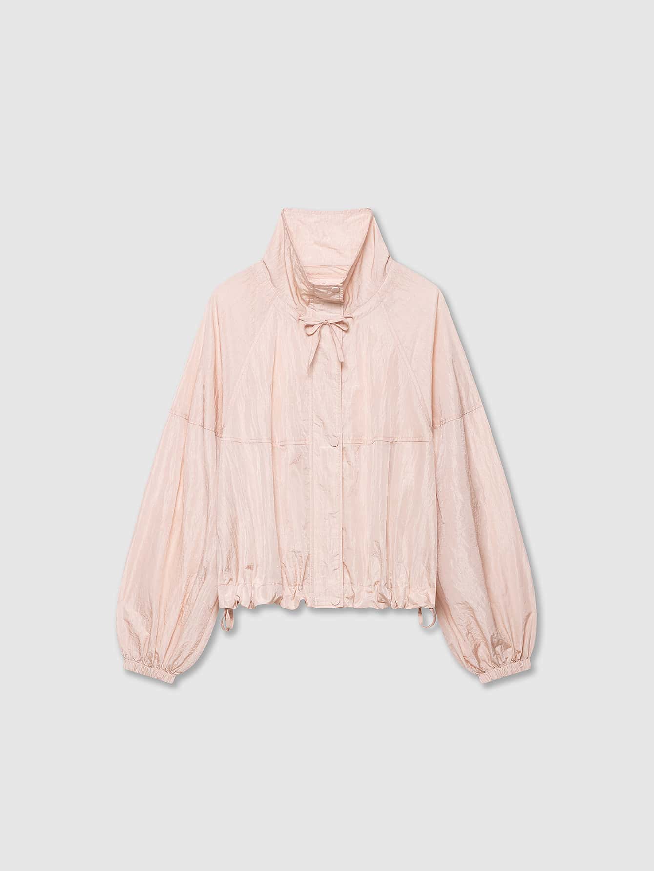 Long Sleeve Stand Collar Pleated Nylon Jacket Pink - Pink - View 1
